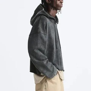 Sudadera con Capucha de Felpa Francesa Gruesa con Logotipo Personalizado, Estilo Urbano, Lavado Ácido, Hombros Caídos, Corte Inferior Deshilachado, Sudadera Corta - Product Image 2