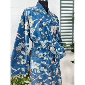 Bata de terciopelo de lujo unisex, estilo kimono, reversible, con forro de seda, para otoño/invierno, elegante, color verde Ikat Malibu azulado, talla XL, suave, para el hogar. - Product Image 6