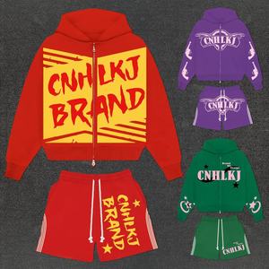 Custom Hoodie and Shorts <b>Set</b> New Arrival Cropeed Hoodies and Short <b>Set</b> Acid Wash Sweatsuit Unisex Tracksuit - Product Image 2