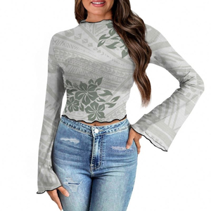 เสื้อแฟชั่นฤดูใบไม้ผลิใหม่ พิมพ์ลายดอกชบาแบบโพลินีเซียน เสื้อแขนกระดิ่งสำหรับผู้หญิง ระบายอากาศได้ดี - Product Image 2