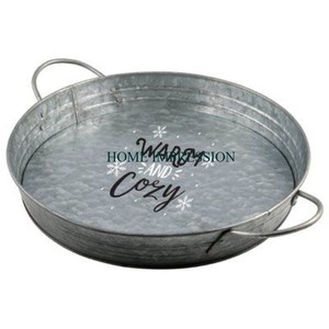 Mesa de comedor para el hogar Bandeja segura para alimentos con mango de madera natural Diseñador de tendencias Bandejas para servir alimentos galvanizadas de forma redonda en la India - Product Image 3