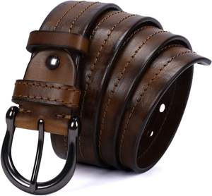 Ceinture en cuir véritable pour homme, style vintage, marron, décontractée/formelle, avec boucle carrée en alliage et motif uni - Product Image 4