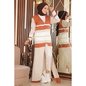 Vestido Casual Largo de Punto, 100% Poliéster, Cuello Redondo, Manga Casquillo, Diseño a Rayas - Product Image 4