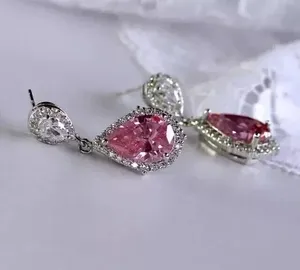 Boucles d'oreilles pendantes/pendantes en argent 925 style vintage coupe poire Moissanite saphir rose - Product Image 5