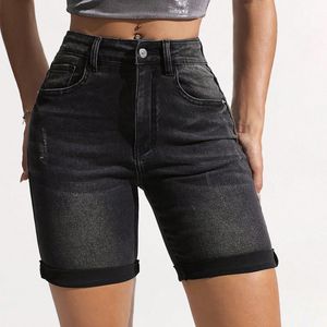Pantalones cortos de mezclilla informales de cintura alta gris negro oscuro para mujer Jeans ajustados cómodos con estilo recto - Product Image 1