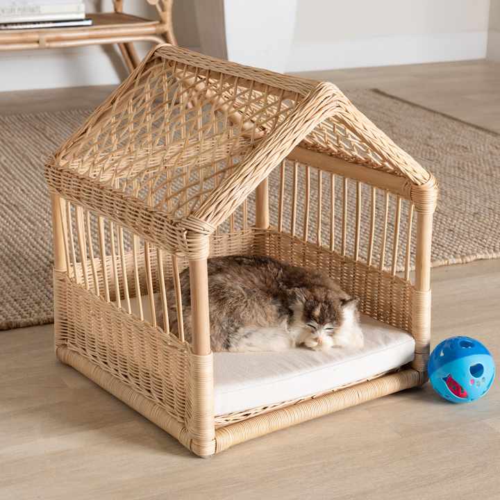 Bohemian Natural Rattan Pet Bed Handcrafted Wicker Dog House Indoor ... - Cozy Indoor Rattan Pet House