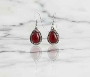 Carnelian <b>Teardrop</b> Dangle <b>Earrings</b> Sterling Silver Beaded Bezel Drop Simple Artisan Jewelry Gift For Women - Product Image 2