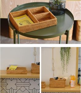 Paniers de rangement rectangulaires durables en rotin avec 3 sections divisées Plateau de service en osier tissé à la main, panier organisateur rustique - Product Image 6