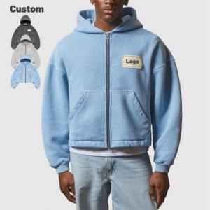 Logo personnalisé de qualité supérieure lavage à l'acide double fermeture éclair coton polaire surdimensionné coupe carrée recadrée fermeture éclair à capuche pour hommes 2025 - Product Image 1