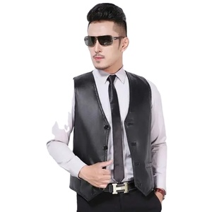 Chaleco de invierno para hombre, de cuero genuino y lona, impermeable, con cuello en V, informal, sin mangas, de piel de oveja auténtica - Product Image 3