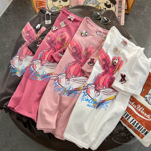 2024 femmes personnalisé lapin motif à manches courtes T-Shirt 100% coton séchage rapide Jersey tissu broderie même Style Couples - Product Image 2