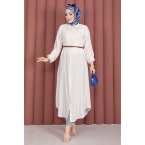 Túnica de Lino Crema para Mujer, con Botones, Diseño Holgado para Oficina, Temporada Primavera/Verano, Disponible en Talla XL - Product Image 3