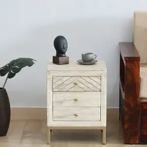 Sandblasted White Finish Solid Wood End Table with Drawers for Living Room and Home Furniture