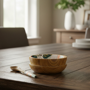 Premium Eco Friendly Handmade Modern Wooden Daisy Mosaic Bowl Matching Spoon Custom Jute Wrapping Plastic-Free Packaging - Product Image 2