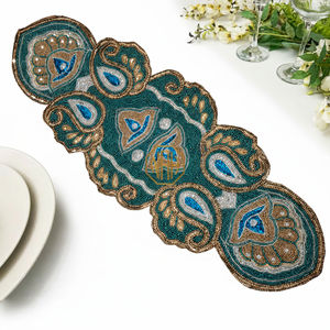 Handcrafted Embroidered Floral Beads <b>Table</b> <b>Runner</b>-Modern Decorative Accent Dining Room Wedding Customizable Colors Green Blue - Product Image 1
