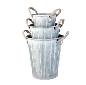 Plantador de balde de metal galvanizado, redondo, metal, branco, com cabo de corda, para jardim e para uso interno