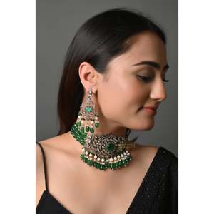 Ensemble de collier de mariée ras de cou en diamant américain avec pierre verte bijoux de mode avec boucles d'oreilles - Product Image 3