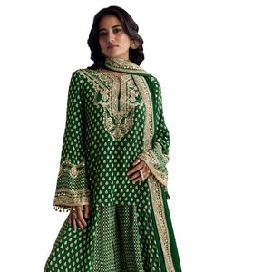 Verde stampato crêpe Palazzo Set con Dupatta all'ingrosso donna abbigliamento etnico OEM fabbrica fornitore di massa di moda personalizzata - Product Image 4