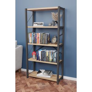 Bibliothèque décorative en métal à 5 étagères en pin atlantique brun avec accents de style classique, largeur 60 cm, profondeur 30 cm - Product Image 2