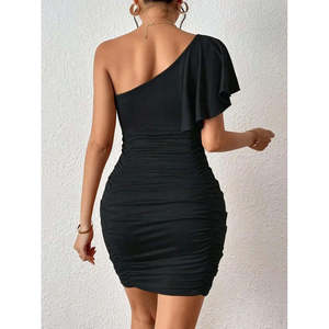 Vestido Mini Ajustado Asimétrico de un Solo Hombro con Fruncido para Mujer de Jane, Estilo Elegante en Tela Sandy para Fiestas Nocturnas - Product Image 3