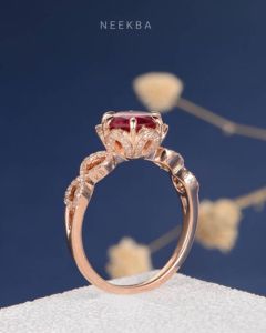 Bague Fleur Personnalisable en Or Rose Massif 10K avec Halo à Tige Fendue Rubis de 7mm de Coupe Ronde en Laboratoire-Various Metal Tone Option - Product Image 3