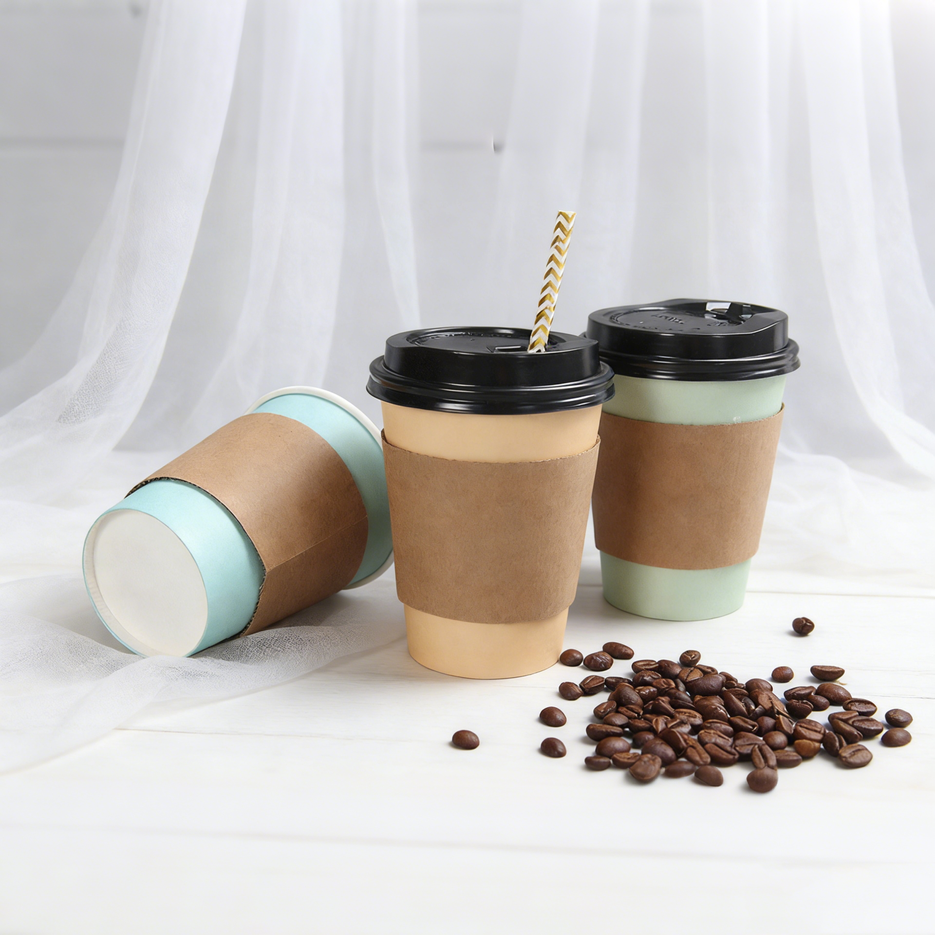 Custom Disposable Paper Coffee Cup with Kraft Sleeve and Lid for Hot Drink Takeaway Packaging