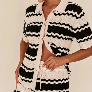 2024 <span class=keywords><strong>estate</strong></span> camicia a righe alla moda e uncinetto pantaloncini Casual monopetto da donna da spiaggia 2 pezzi completo maglione - Product Image 3