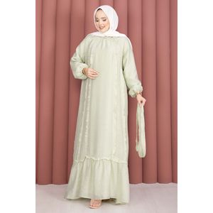 Robe Hijab à Volants et Ceinture Motif Vintage Style Islamique Basique Plumes Tissées en Coton et Mousseline Tendance - Product Image 5