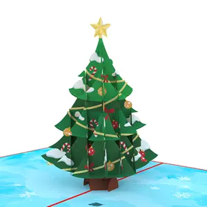 最佳质量批发价圣诞七彩圣诞树激光切割手工纸3D弹出式卡片