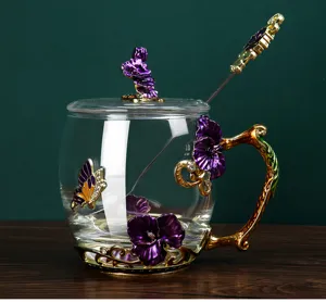 European Household Fashion Flower Cup Colorful Transparent Water Cup Large Capacity Heat-resistant Crystal Glass Teacups