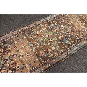 Tapis turc vintage, petit tapis 3,4x13,1 pieds, marron géométrique avec éléments floraux - Product Image 3