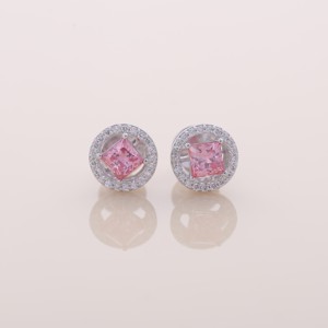 IGI Certified Lab Grown Pink Princess Cut Diamond Round Halo Stud <b>Earrings</b> <b>Solid</b> 925 Sterling <b>Silver</b> Designer <b>Earrings</b> - Product Image 2