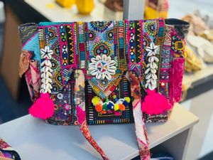 Bohemian Embroidered Cotton Tote <b>Bag</b> With Shell And Mirror Work Panelled Design For Women Shopping - Product Image 5