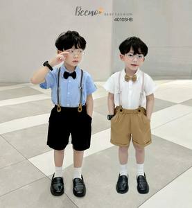 Ensemble chemise et ceinture à col nœud en coton 100%, vêtements de cérémonie à manches courtes pour bébés garçons de 1 à 7 ans pour l'été - Product Image 3