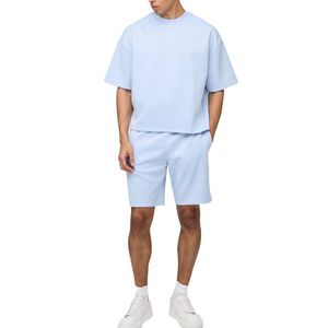 เสื้อยืดและกางเกงขาสั้นชุดเซ็ตฤดูร้อนผ้าฝ้ายคุณภาพสูง 100% สำหรับผู้ชาย สวมใส่สบาย แห้งเร็ว ระบายอากาศได้ดี ไซส์ใหญ่ ซักแบบแอซิดวอช ผ้าไม่ยับ สีพื้น - Product Image 2