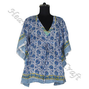 100% coton femmes vêtements de nuit main bloc imprimé caftan robe KFCS022 poids léger femmes décontracté Occasion porter courte Caftan robe - Product Image 4