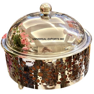 Pot en métal fini argent brillant avec dôme intérieur en bois Casserole faite à la main de qualité supérieure Forme ronde Chauffe-plats en métal fantaisie - Product Image 1