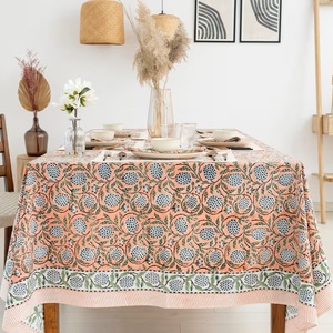 Handmade Salmon Pink Pomegranate Pattern Floral Cotton Tablecover Block Printed <b>Rectangle</b> <b>Tablecloth</b> Indian Style for Home Decor - Product Image 6