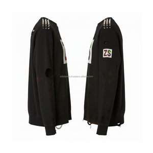 Sweat-shirt vintage en coton brossé 380GSM Design déchiré clouté épaule imprimé personnalisé Logo Style Basics Sweat-shirt - Product Image 5