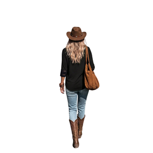 Haut décontracté noir à manches longues pour femme, col rond, coupe ample, avec détail de manches en dentelle, élégant, pour le quotidien - Product Image 2