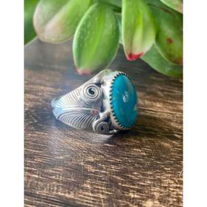 Navajo Handmade Kingman <b>Turquoise</b> Sterling Silver Statement <b>Ring</b> Size 9.5 - Product Image 3