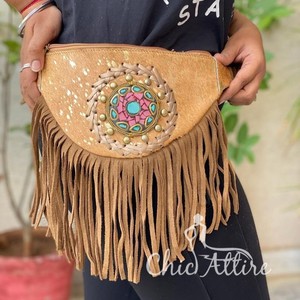 Riñonera de piel de vaca cosida a mano en cinturón de bolsillo de cadera negro cinturón de bolsillo de cintura flecos cinturones de flecos de pelo de vaca - Product Image 1