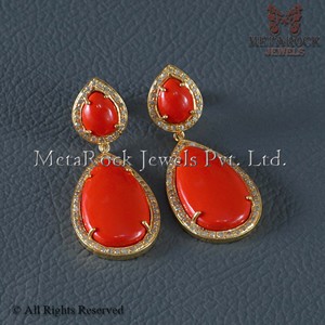 Pendants d'oreilles en argent 925 avec diamant et corail - Product Image 2