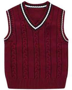 Maroon Knitted Sleeveless <b>Sweater</b> Vest With V Neck Trim <b>Cable</b> <b>Knit</b> Pattern Soft Warm Winter Wear For Students - Product Image 1
