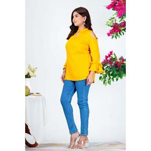 Top chic en mousseline de soie jaune pour femmes coréennes avec manches à volants et col en V - pour le printemps/été - taille XL - Product Image 6