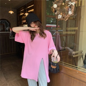 Personnalisé décontracté côté longue coupe T-shirt coton femmes t-shirt surdimensionné avec col en O goutte manches courtes t-shirt femmes robe de mode - Product Image 4