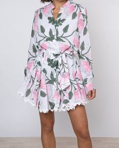 Newly Bohemian V-neck <b>Long</b> Sleeve Paisley Green Pink Printed 100% Cotton Dress Shirt Style Blouses <b>Slip</b> Included Drawstring - Product Image 3