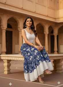 Robe d'été bohème indienne pour femme en coton, à imprimé floral numérique bleu, à jupes superposées et à jambe large, taille naturelle, lavable - Product Image 5