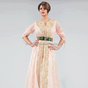 Elegante modesto musulmán manga larga trabajo a mano Abaya árabe musulmán cuello redondo Kaftan con bordado pesado y cuentas trabajo - Product Image 1