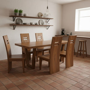 Modern Minimalist Solid Suar Wood <b>Dining</b> <b>Set</b> with 6 Block Chairs Natural Finish <b>Dining</b> Table for Apartment and Restaurant Use - Product Image 3